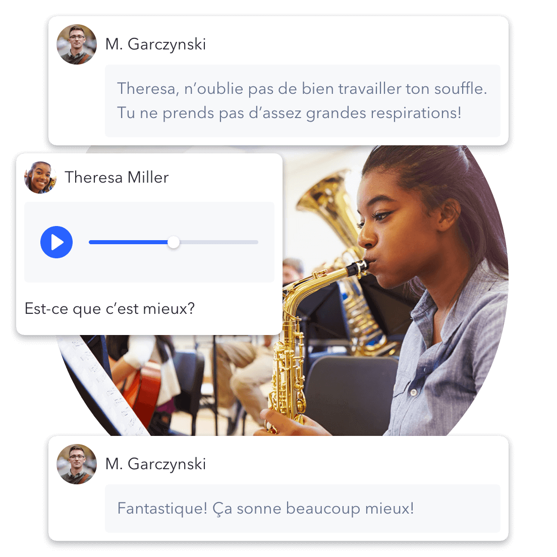 Une élève répond au commentaire constructif de son enseignant en ajoutant un fichier audio de son entrainement de saxophone.