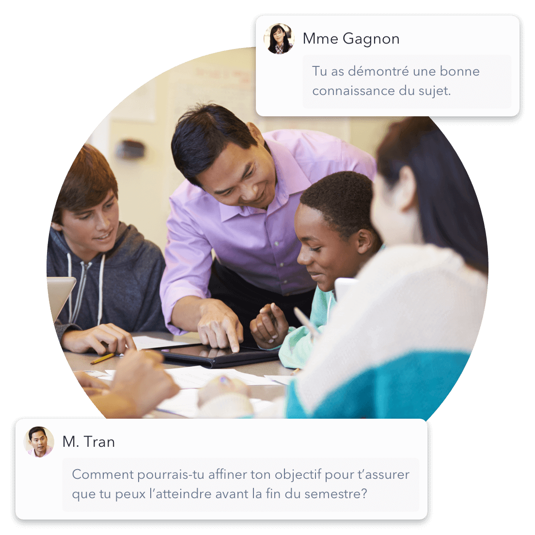Un enseignant montre une tablette sur la table à un groupe d’élèves. Une bulle de commentaires montre des rétroactions positives de deux co-enseignants.