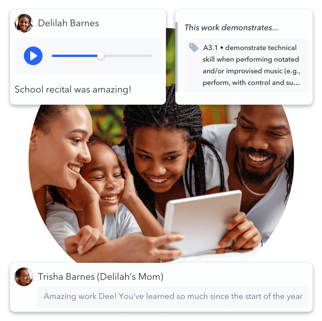 A family of four gathered around a tablet. They view the eldest daughter’s school recital audio post that has a curriculum tag and a positive comment from her mother.