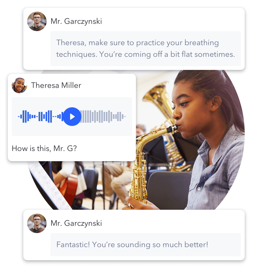 A student replies to her music teacher’s constructive feedback with an audio file of her practicing the saxophone.